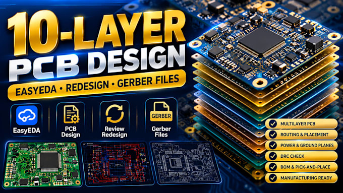 design 10 layer multilayer pcb in easyeda, pcb review, redesign and gerber files