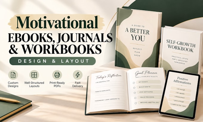 design a professional guided journal and self improvement workbook