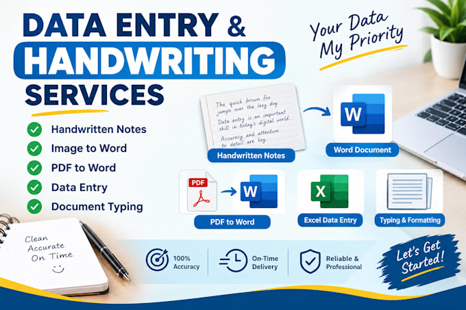 data entry, handwritten notes, and PDF to word typing