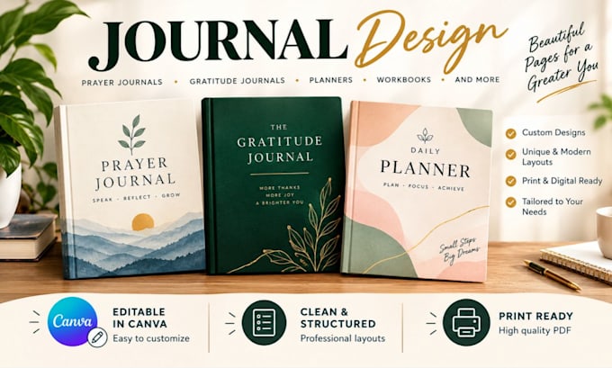 create prayer journal design, workbook design, planner design journal design