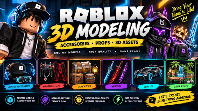 create custom roblox 3d models, accessories and game assets