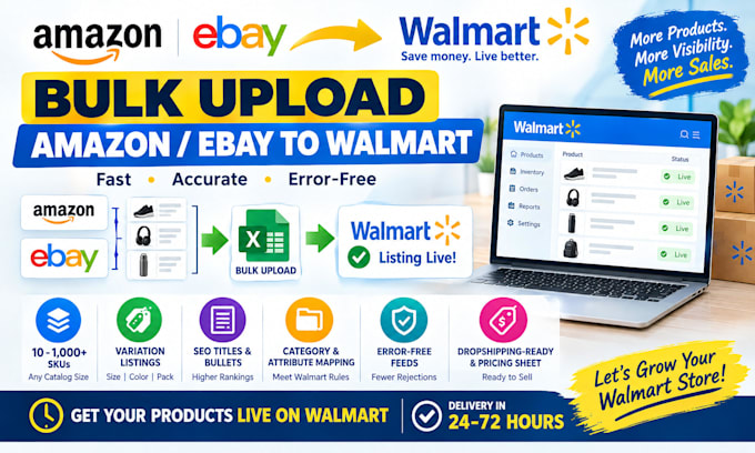bulk upload amazon or ebay products to walmart