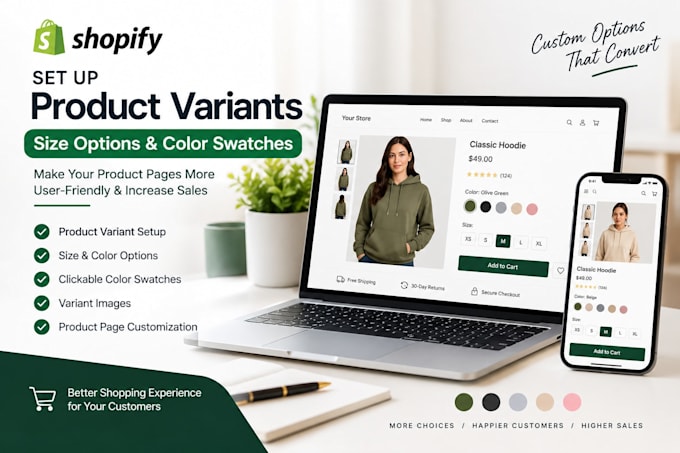 setup shopify product variants, size options and color swatches