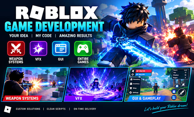 be your roblox developer for weapon system, vfx, gui, and entire roblox game