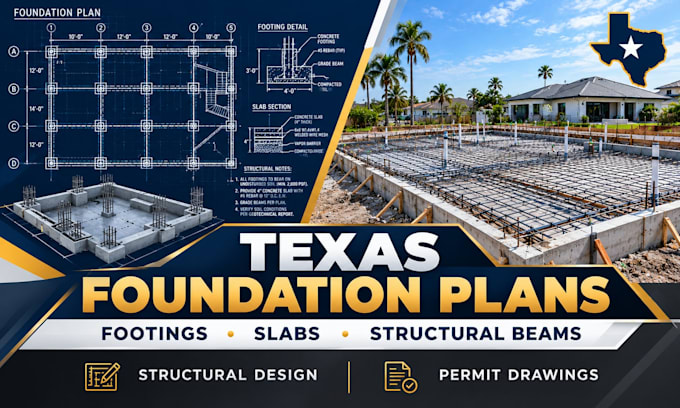 draw texas foundation plan, structural design, footings, slab, beam permit plan