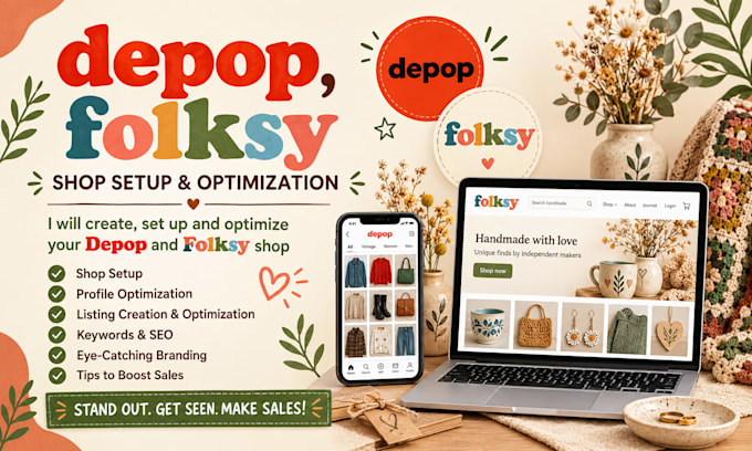 do depop shop setup, folksy SEO, product listing and store optimization