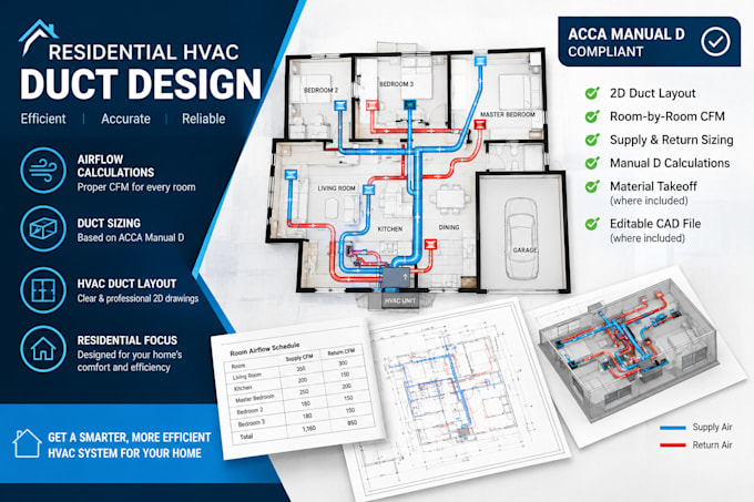 design hvac ductwork, calculate airflow, and provide manual d duct sizing