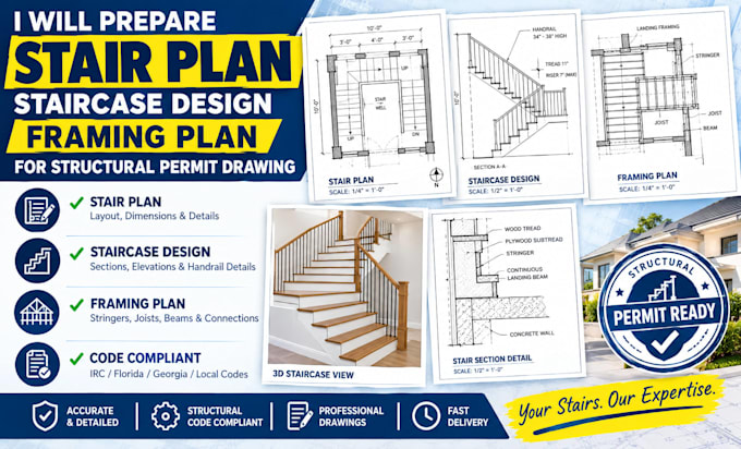 prepare stair plan, staircase design, framing plan for structural permit drawing