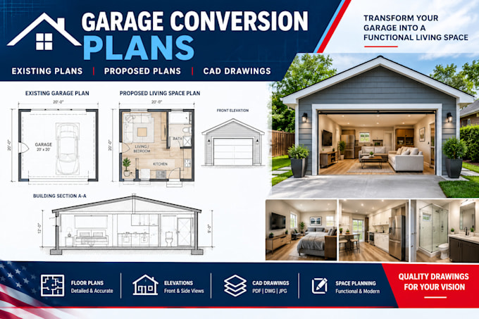 draw garage conversion floor plans and residential remodeling drawings