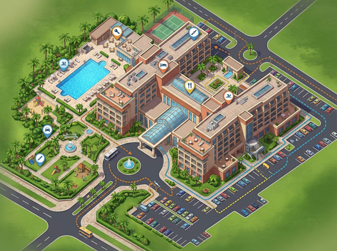 create hotel maps, resort maps, wayfinding maps and visitor guides