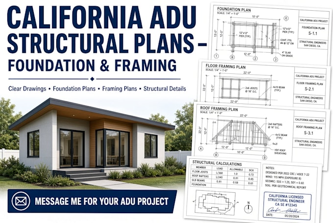 design california adu structural plans foundation and framing