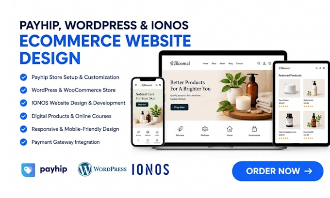design payhip ecommerce website, payhip store, wordpress website, ionos website