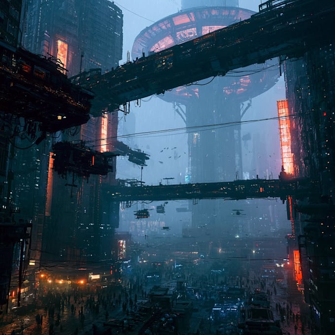 design a futuristic megacity with neon lights