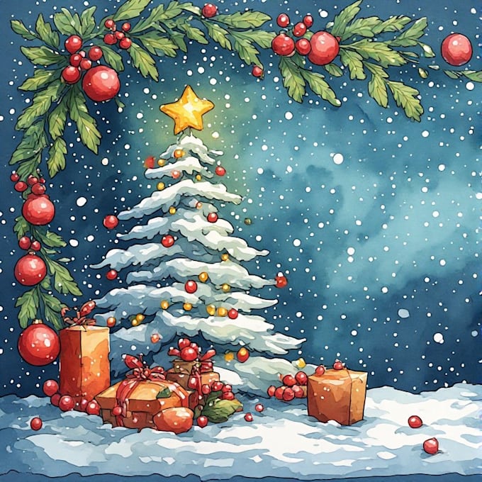 draw christmas card, invitation with watercolor