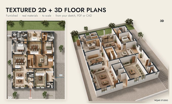 draw a textured floor plan for real estate, 2d and 3d floor plans