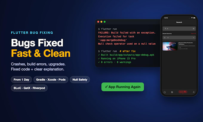 fix flutter bugs, errors and build issues in your app