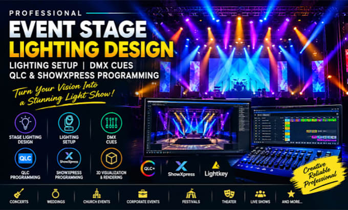 design event stage lighting, lighting setup dmx cues, qlc showxpress programming