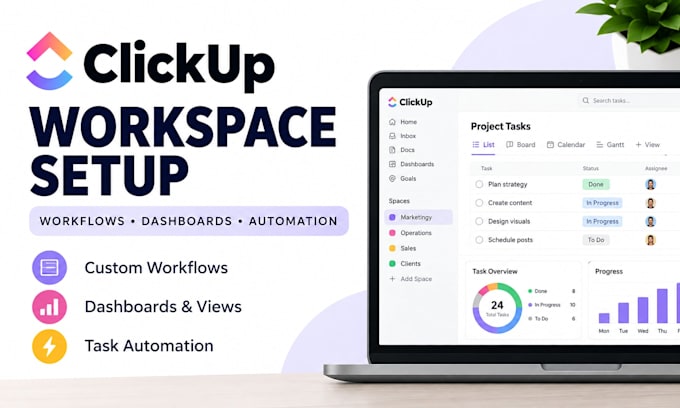 set up clickup workflows dashboards and automation