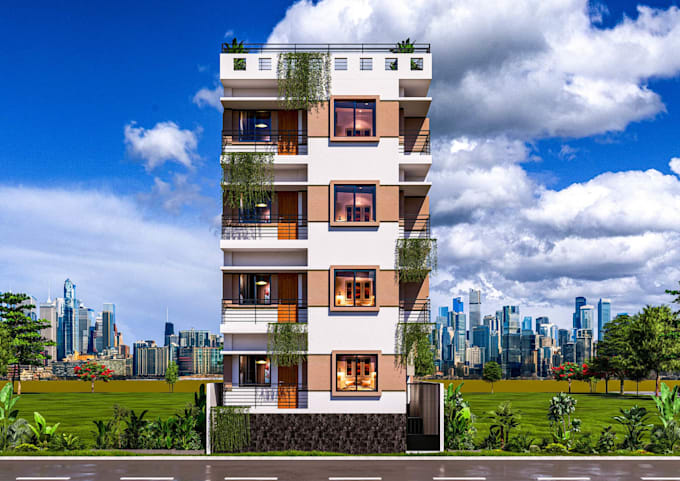 turn elevation drawing to realistic exterior render,3d apartment building design