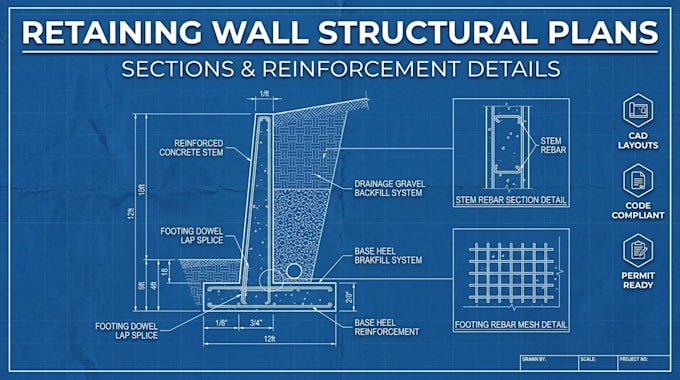 draw retaining wall plans sections and reinforcement details