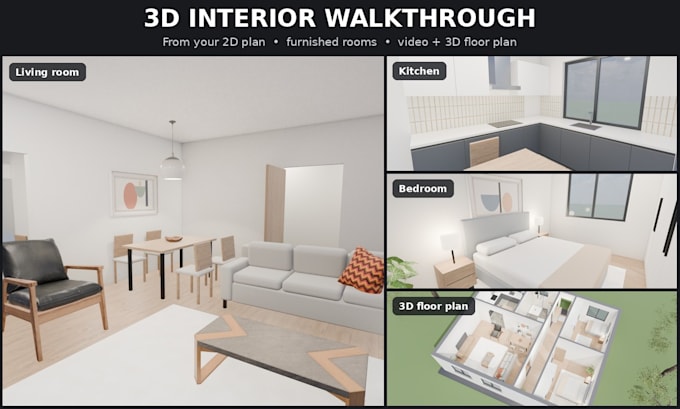 create a 3d interior walkthrough video and 3d floor plan for real estate