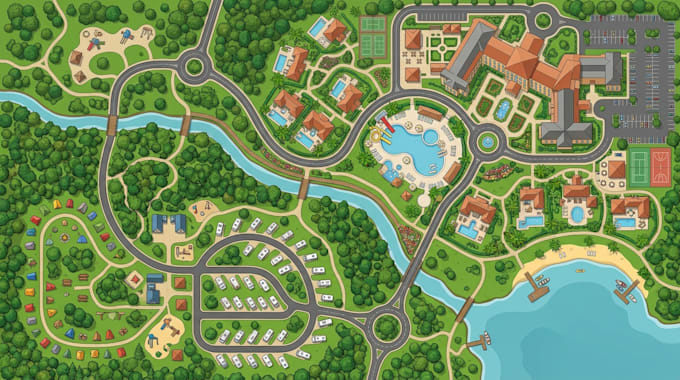 create hotel maps, 2d resort layouts, campground maps and visitor guides