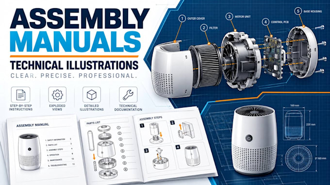 create technical product illustrations,assembly diagrams and instruction drawing