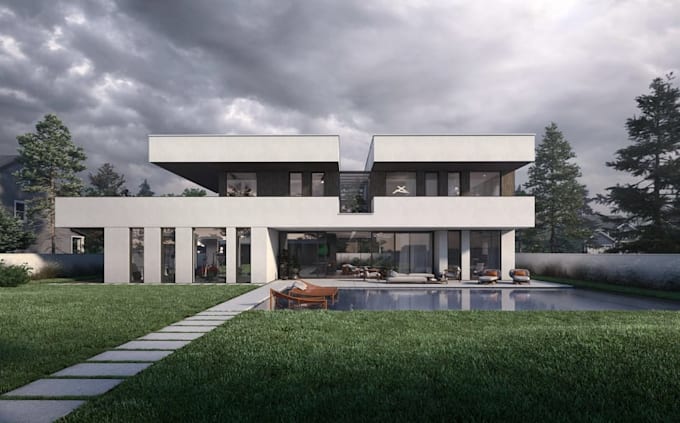 remodel modern minimalist villa, front elevation render, create landscape, lawn