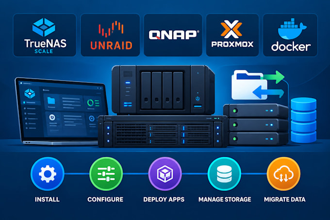 setup truenas scale, unraid server, qnap, proxmox, docker app, storage migration
