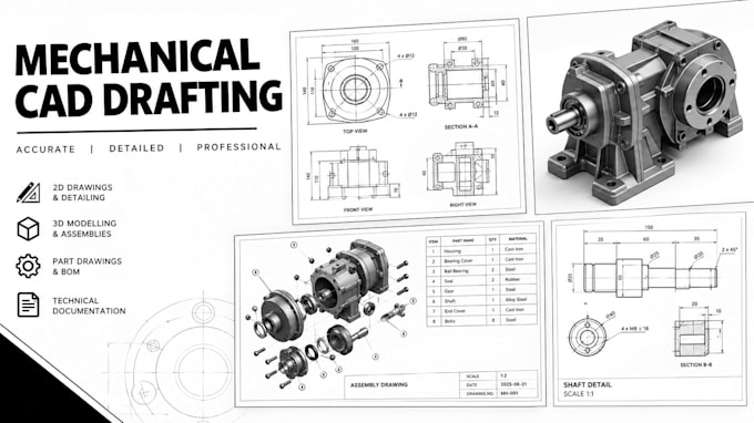 create 2d technical drawing cad drafting assembly,autocad 2d from sketches