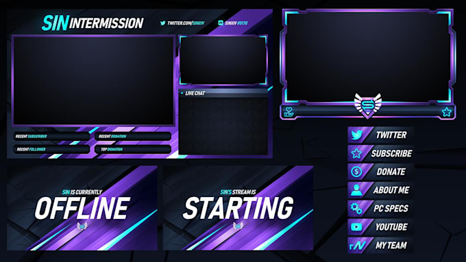 design animated twitch stream overlay, twitch logo, panels, screens, alerts