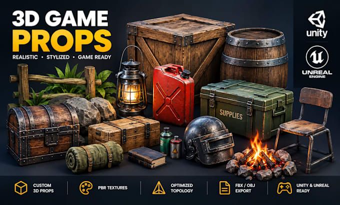 create optimized 3d game props, realistic assets, and game ready models