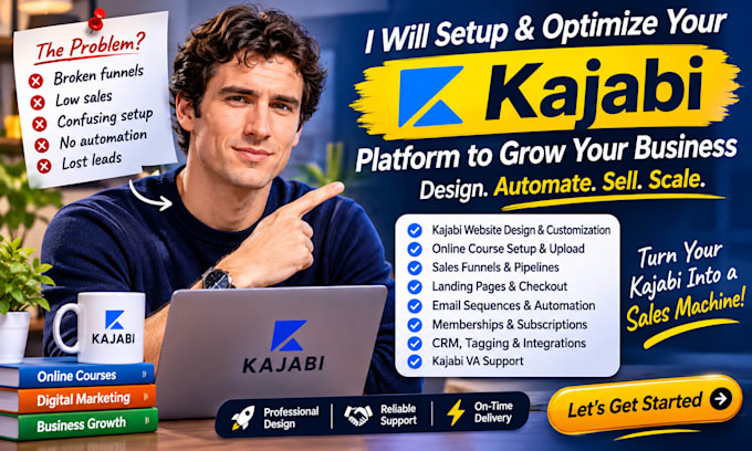 setup kajabi online course with kajabi website design, kajabi automation or VA
