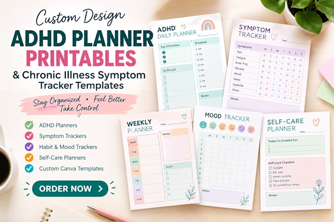 design adhd planner printables chronic illness symptom tracker template