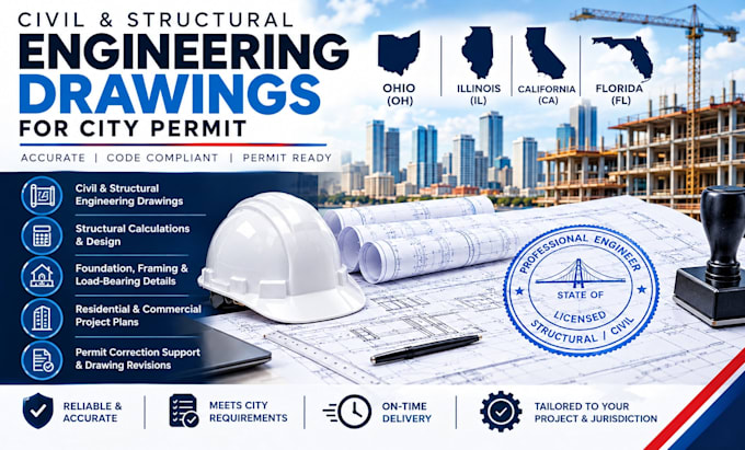 civil structural pe engineer stamp drawing for ohio illinois ca fl city permit