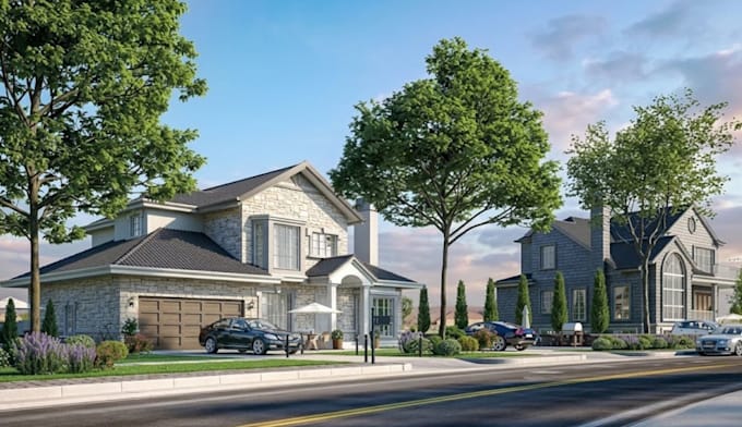 do photorealistic house exterior 3d rendering and front elevation