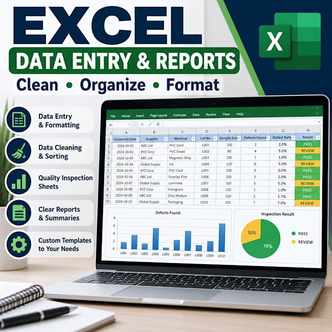 create excel data entry sheets and quality inspection report