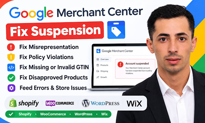 fix google merchant center suspension ,misrepresentation and feed errors