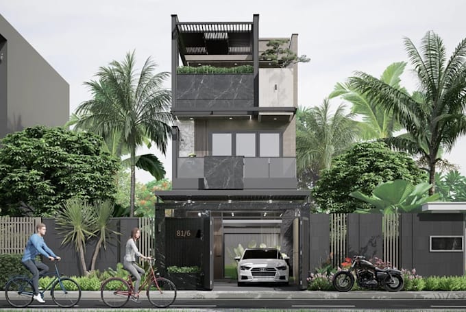 revamp 3d modern townhouse elevation design, rooftop pergola, balcony rendering