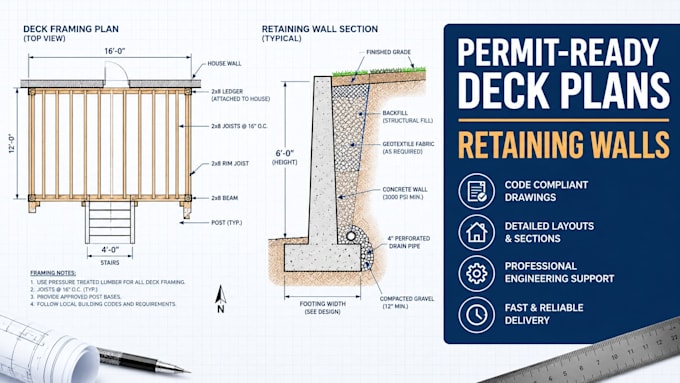 design permit ready deck plans and retaining wall structural drawings