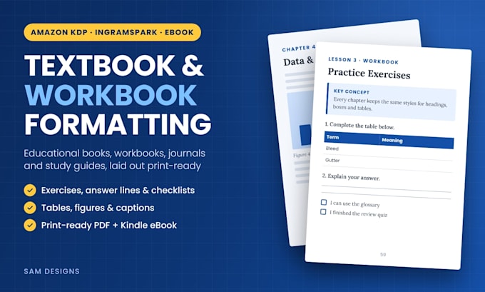 do textbook formatting, workbook design and educational book layout for KDP