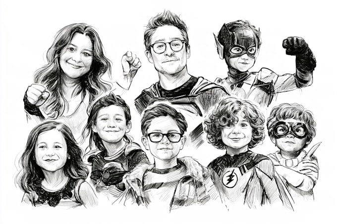 create a superhero family portrait sketch