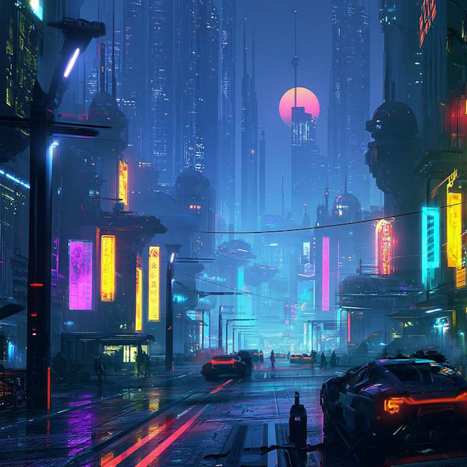 design a futuristic megacity with neon lights