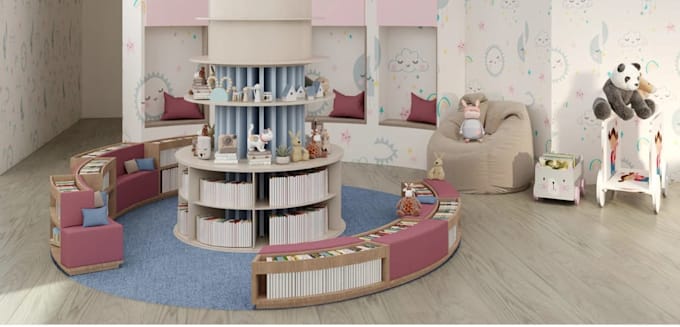aesthetic kids preschool interior,library 3d space,kids learning room layout,cgi