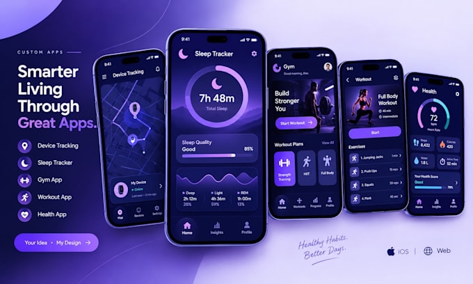 develop device tracking app, sleep tracker app, gym app, workout app, health app