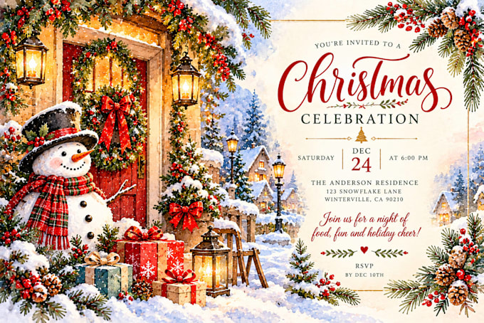 draw christmas card, invitation with watercolor