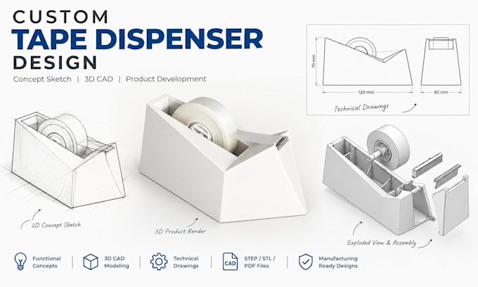 create a modern tape dispenser product design with 3d cad modeling