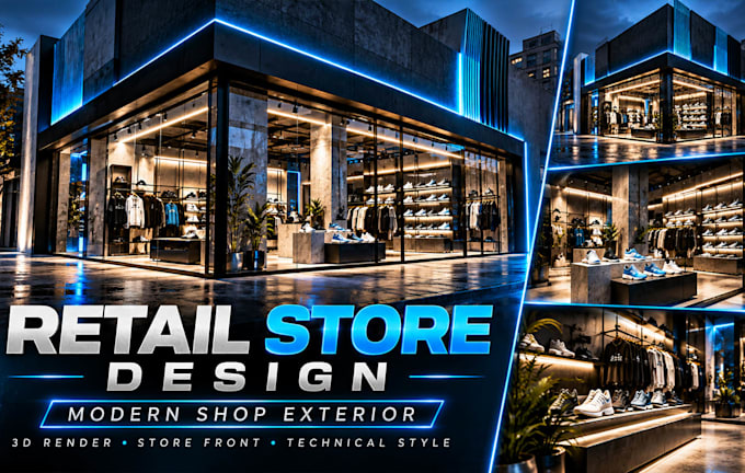 create retail store design, shop interior and exterior with 3d renders