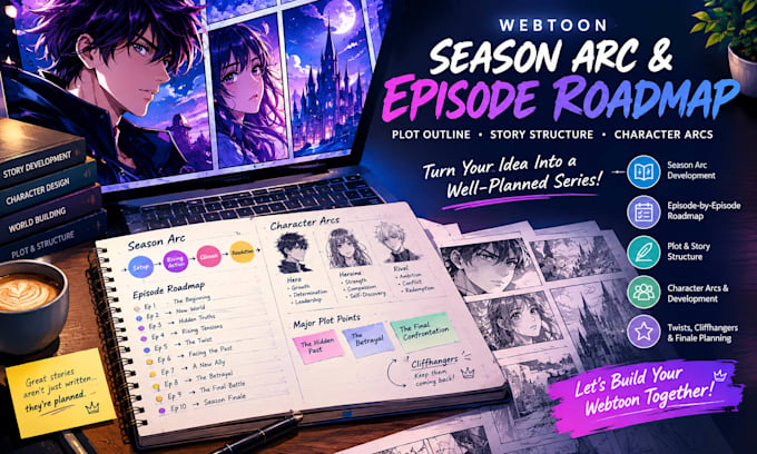 create a compelling webtoon season arc, episode roadmap and plot outline