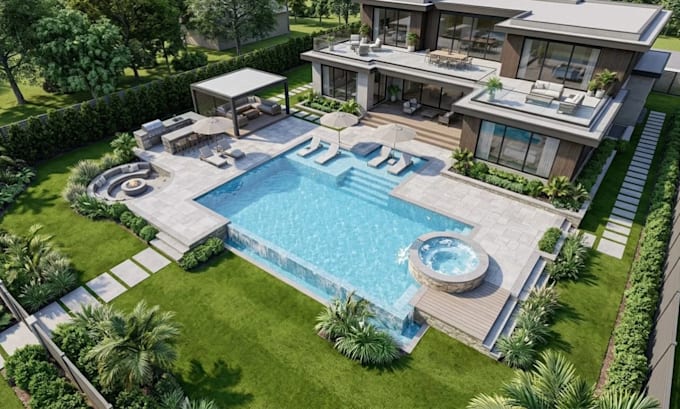 design swimming pool backyard spa pool patio deck terrace 3d landscape rendering